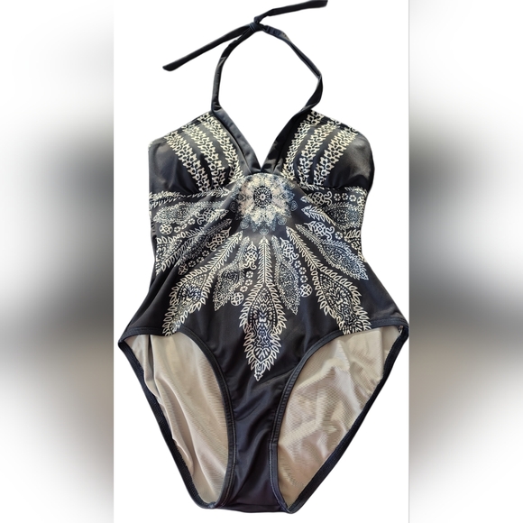 NWT Vintage Navy Blue Graphic Print One Piece Swimsuit Sz Medium - Picture 2 of 5